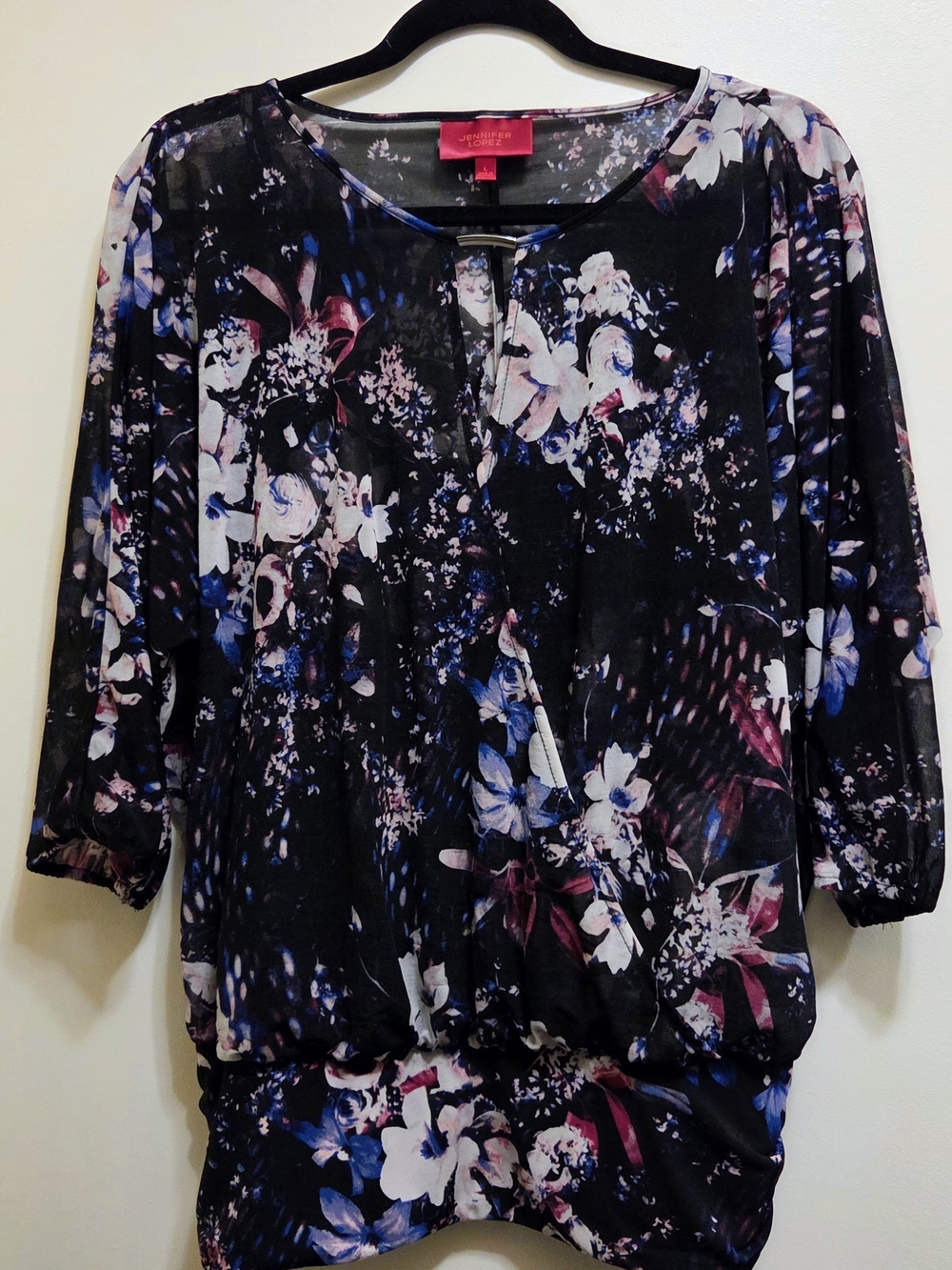 Jennifer Lopez Black Floral Blouson Tunic with Pink and Blue Accents